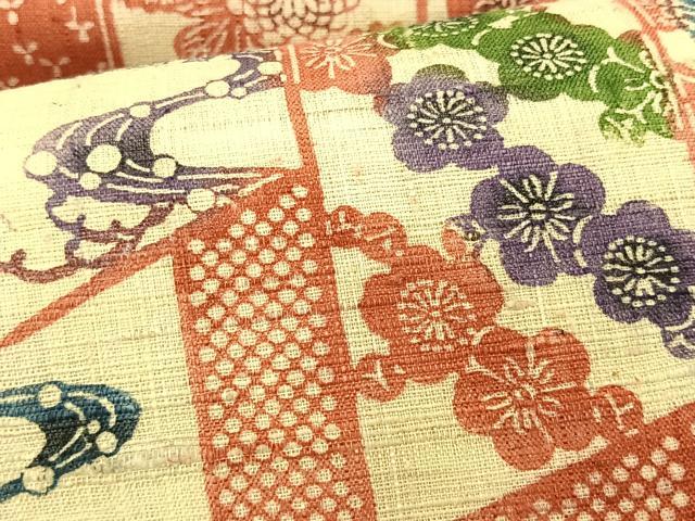 平和屋着物＊夏物　全通柄　九寸名古屋帯　型染め　生紬　吉祥花文　正絹　逸品　未使用　CABK1564fb