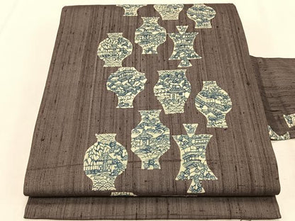 平和屋着物＊夏物　九寸名古屋帯　紬地　型染め　陶器風景文　正絹　逸品　CABK1565fb