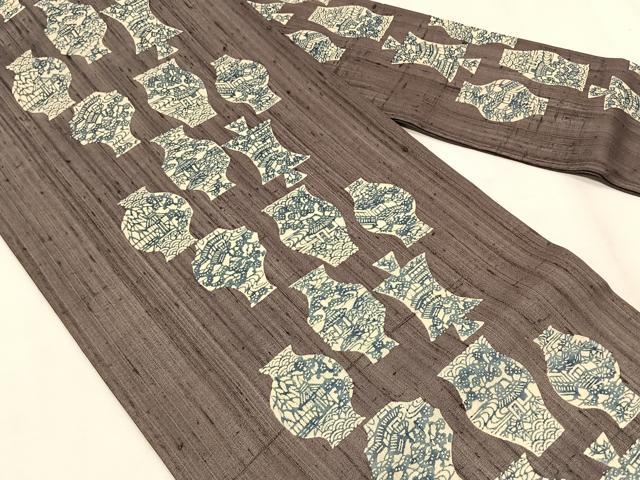 平和屋着物＊夏物　九寸名古屋帯　紬地　型染め　陶器風景文　正絹　逸品　CABK1565fb