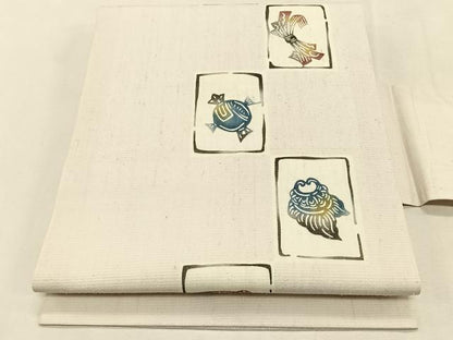 平和屋着物＊夏物　九寸名古屋帯　紅型　紬地　色紙吉祥文　正絹　逸品　CABK1568fb