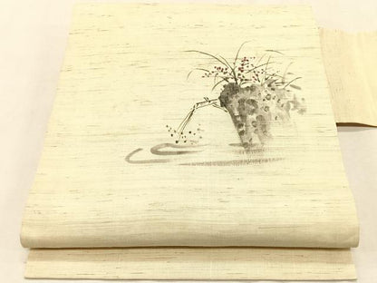 平和屋着物＊夏物　九寸名古屋帯　手描き　風景文　麻　逸品　CABK1569fb