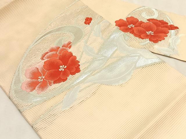 平和屋着物＊夏物　九寸名古屋帯　枝花文　銀糸　正絹　逸品　CABK1574fb