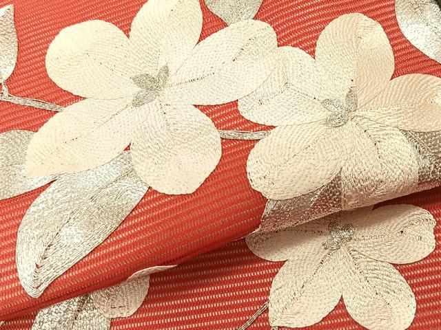 平和屋着物＊夏物　九寸開き名古屋帯　駒刺繍　総刺繍　枝花文　正絹　逸品　CABK1577fb