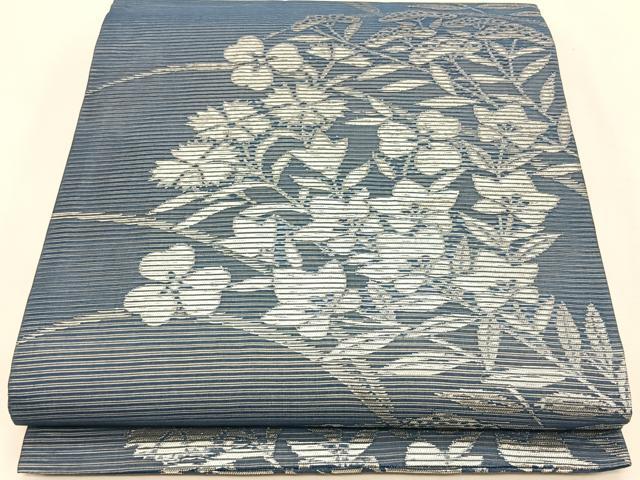 平和屋着物＊夏物　名九寸開き古屋帯　枝花文　銀糸　正絹　逸品　CABK1589fb
