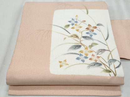平和屋着物＊夏物　九寸名古屋帯　手描き　刺繍　枝花文　金彩　正絹　逸品　CABK1591fb