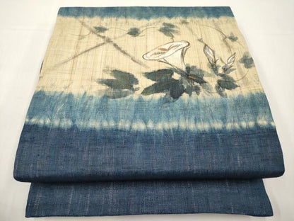平和屋着物＊夏物　九寸名古屋帯　手描き　朝顔　金彩　麻　逸品　未使用　CABK1602tx