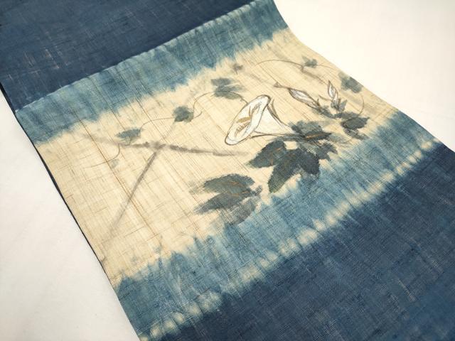 平和屋着物＊夏物　九寸名古屋帯　手描き　朝顔　金彩　麻　逸品　未使用　CABK1602tx