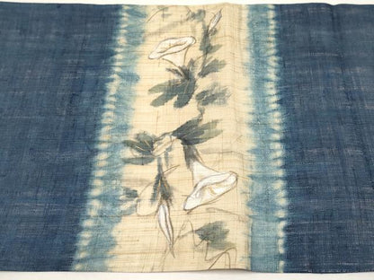 平和屋着物＊夏物　九寸名古屋帯　手描き　朝顔　金彩　麻　逸品　未使用　CABK1602tx