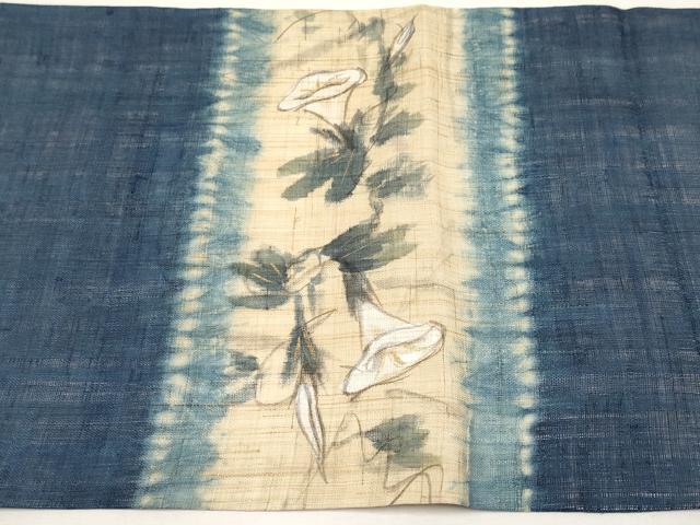平和屋着物＊夏物　九寸名古屋帯　手描き　朝顔　金彩　麻　逸品　未使用　CABK1602tx