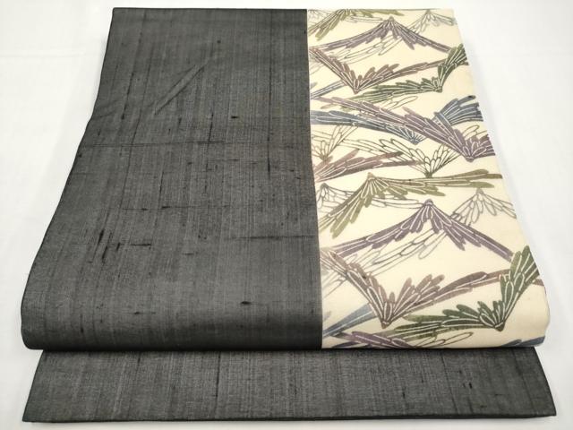 平和屋着物＊夏物　松煙染の第一人者　川島草苑　九寸開き名古屋帯　型染め　紬地　裏菊　黒地　正絹　逸品　CABK1615tx