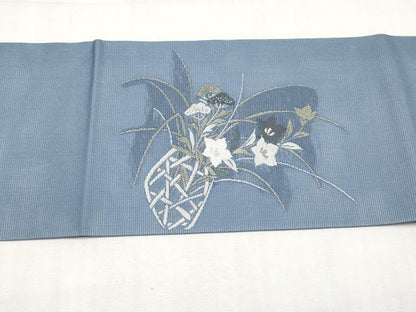 平和屋着物＊夏物　九寸名古屋帯　花籠文　銀糸　正絹　逸品　未使用　CABK1616tx