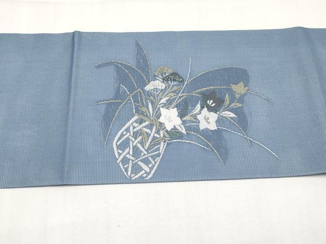 平和屋着物＊夏物　九寸名古屋帯　花籠文　銀糸　正絹　逸品　未使用　CABK1616tx