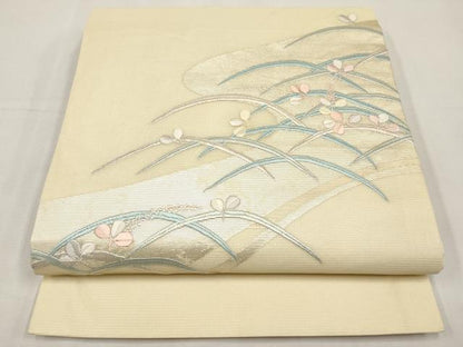 平和屋着物＊夏物　九寸開き名古屋帯　総刺繍　芝草舞葉文　正絹　逸品　CABK1619tx