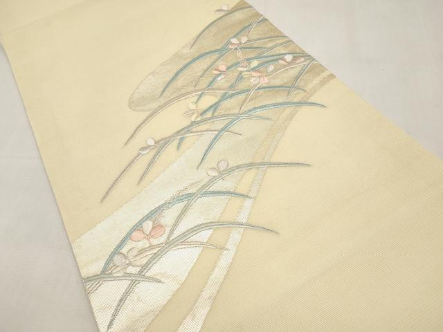 平和屋着物＊夏物　九寸開き名古屋帯　総刺繍　芝草舞葉文　正絹　逸品　CABK1619tx