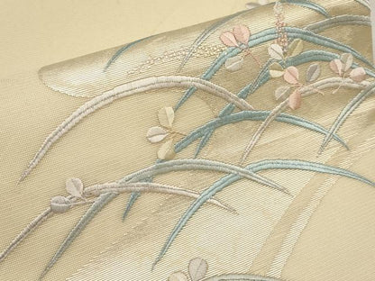 平和屋着物＊夏物　九寸開き名古屋帯　総刺繍　芝草舞葉文　正絹　逸品　CABK1619tx