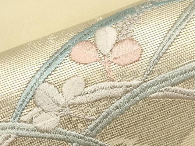 平和屋着物＊夏物　九寸開き名古屋帯　総刺繍　芝草舞葉文　正絹　逸品　CABK1619tx