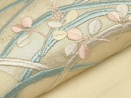 平和屋着物＊夏物　九寸開き名古屋帯　総刺繍　芝草舞葉文　正絹　逸品　CABK1619tx