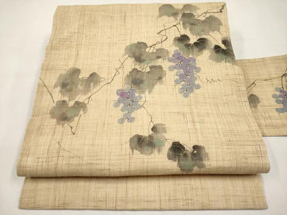 平和屋着物＊夏物　染色作家　桐山紫香　手描き　九寸名古屋帯　葡萄蔦の葉文　麻　逸品　CABK1624tx