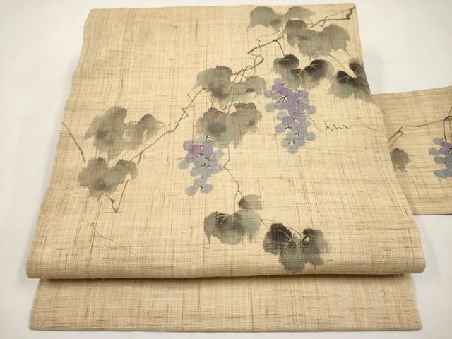 平和屋着物＊夏物　染色作家　桐山紫香　手描き　九寸名古屋帯　葡萄蔦の葉文　麻　逸品　CABK1624tx