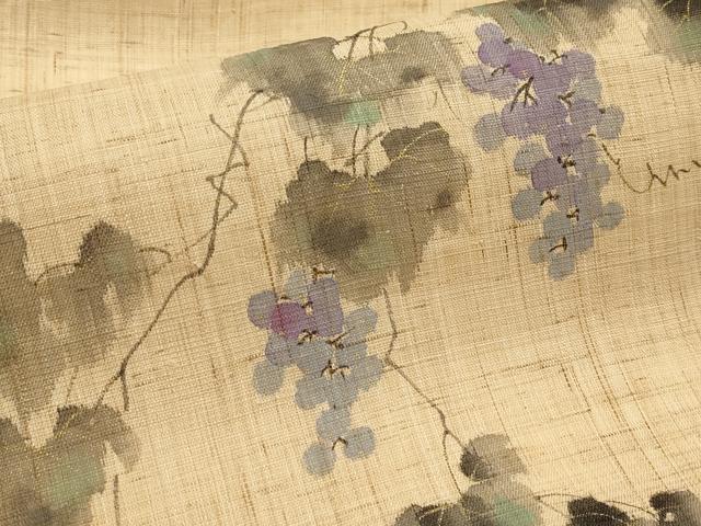 平和屋着物＊夏物　染色作家　桐山紫香　手描き　九寸名古屋帯　葡萄蔦の葉文　麻　逸品　CABK1624tx