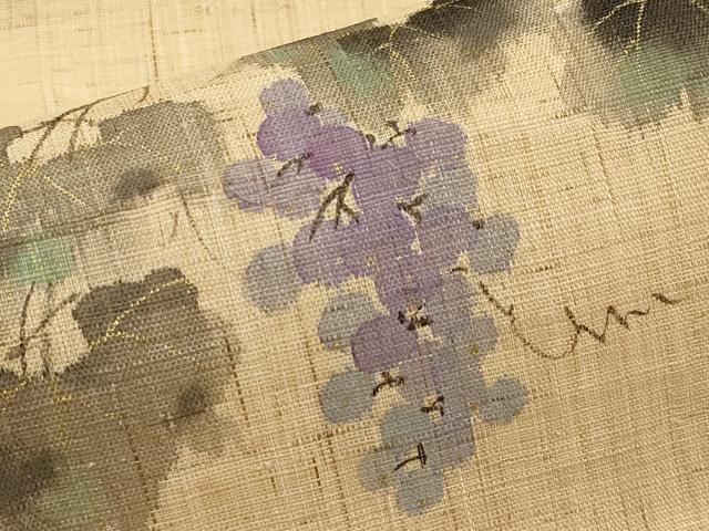 平和屋着物＊夏物　染色作家　桐山紫香　手描き　九寸名古屋帯　葡萄蔦の葉文　麻　逸品　CABK1624tx
