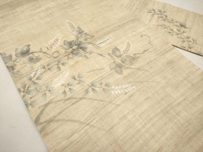 平和屋着物＊夏物　九寸名古屋帯　手描き　枝花文　麻　逸品　CABK1632tx