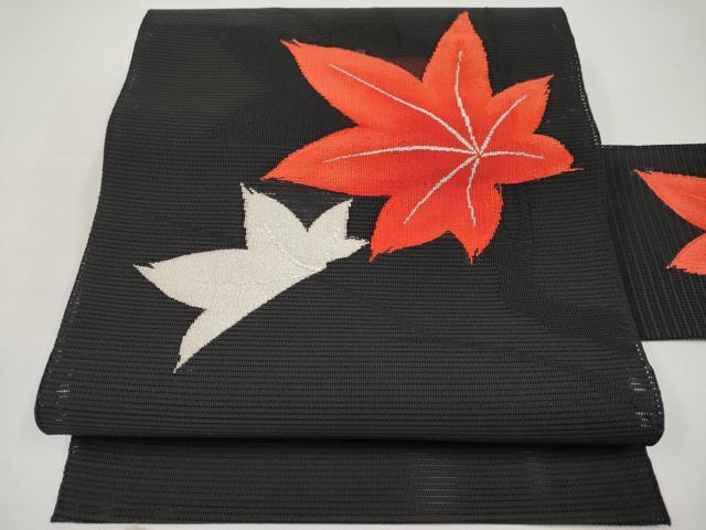 平和屋着物＊夏物　西陣の名門織元　いづくら謹製　八寸名古屋帯　絽綴れ　楓文　黒地　銀糸　CABK1633tx