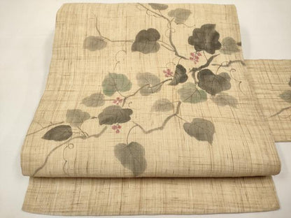 平和屋着物＊夏物　九寸名古屋帯　作家物　手描き　葡萄蔦の葉文　麻　逸品　CABK1659tx