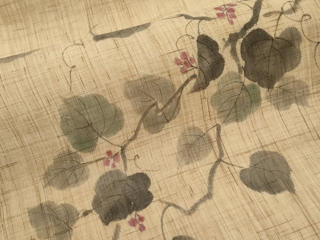 平和屋着物＊夏物　九寸名古屋帯　作家物　手描き　葡萄蔦の葉文　麻　逸品　CABK1659tx