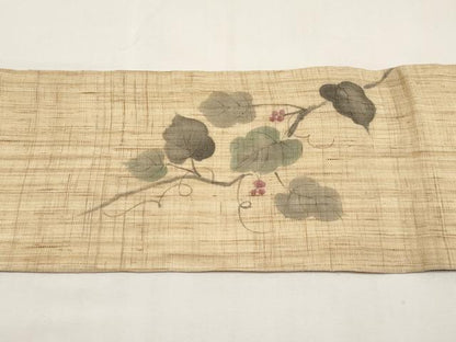 平和屋着物＊夏物　九寸名古屋帯　作家物　手描き　葡萄蔦の葉文　麻　逸品　CABK1659tx