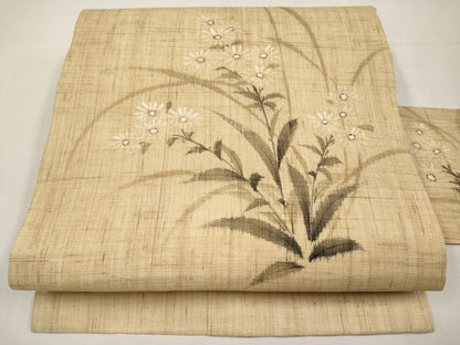 平和屋着物＊夏物　九寸名古屋帯　手描き　枝菊文　麻　逸品　CABK1690tx