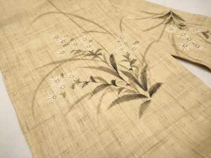 平和屋着物＊夏物　九寸名古屋帯　手描き　枝菊文　麻　逸品　CABK1690tx