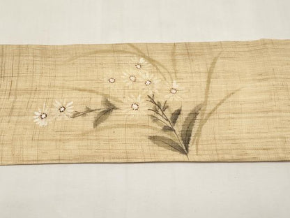 平和屋着物＊夏物　九寸名古屋帯　手描き　枝菊文　麻　逸品　CABK1690tx