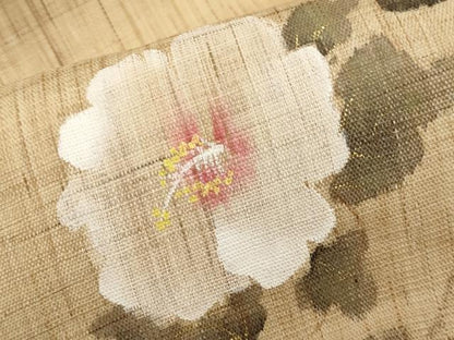 平和屋着物＊夏物　染色作家　桐山紫香　手描き　九寸名古屋帯　枝花文　金彩　麻　逸品　CABK1691tx