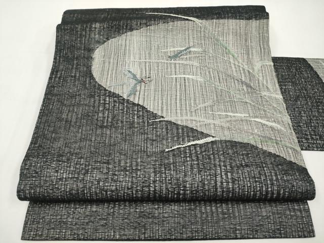 平和屋着物＊夏物　九寸名古屋帯　すくい織　トンボ　黒地　正絹　逸品　CABK1698tx