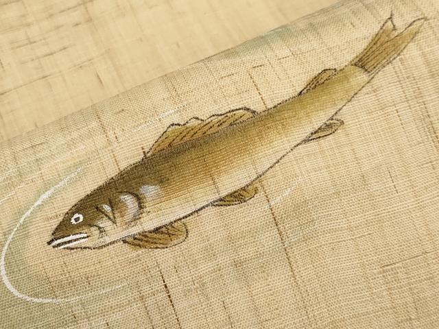 平和屋着物＊夏物　九寸名古屋帯　手描き　鮎　麻　逸品　CABK1746tx