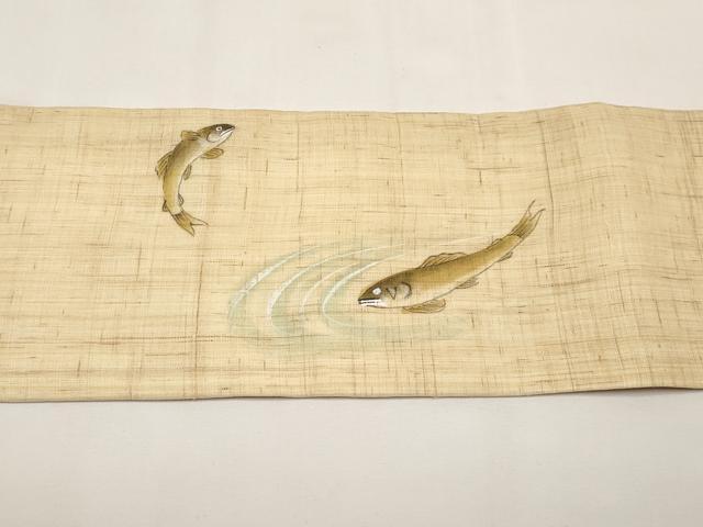平和屋着物＊夏物　九寸名古屋帯　手描き　鮎　麻　逸品　CABK1746tx