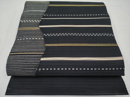 平和屋着物＊夏物　八寸名古屋帯　絽綴れ　横段文　黒地　金銀糸　正絹　逸品　CABK1747tx