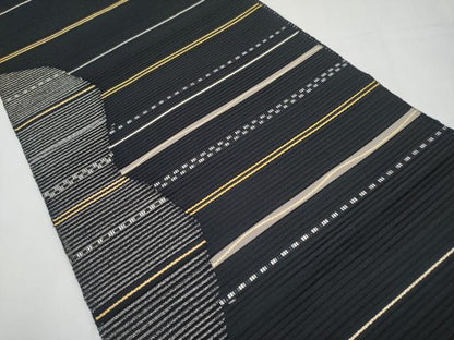 平和屋着物＊夏物　八寸名古屋帯　絽綴れ　横段文　黒地　金銀糸　正絹　逸品　CABK1747tx