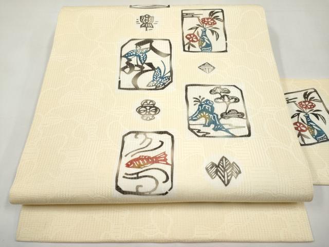 平和屋着物＊夏物　九寸名古屋帯　型染め　花鳥風景文　正絹　逸品　CABK1807tx