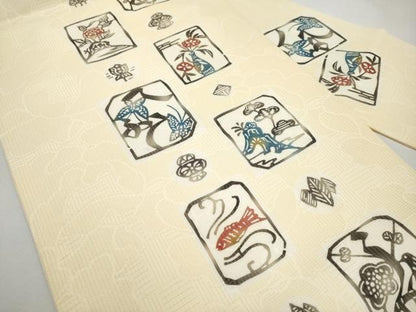 平和屋着物＊夏物　九寸名古屋帯　型染め　花鳥風景文　正絹　逸品　CABK1807tx
