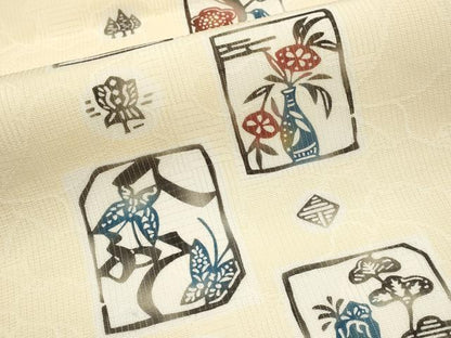 平和屋着物＊夏物　九寸名古屋帯　型染め　花鳥風景文　正絹　逸品　CABK1807tx