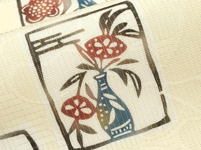 平和屋着物＊夏物　九寸名古屋帯　型染め　花鳥風景文　正絹　逸品　CABK1807tx