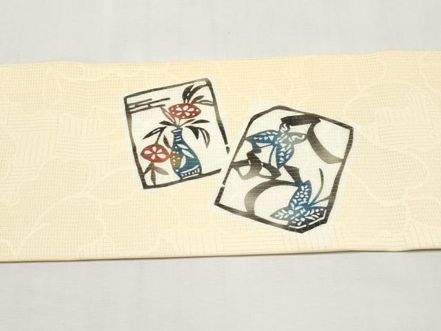 平和屋着物＊夏物　九寸名古屋帯　型染め　花鳥風景文　正絹　逸品　CABK1807tx