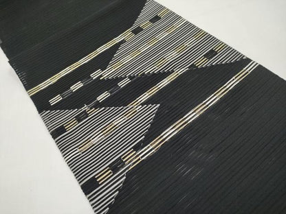 平和屋着物＊夏物　八寸名古屋帯　絽綴れ　幾何学文様　黒地　金糸　正絹　逸品　CABK1817tx