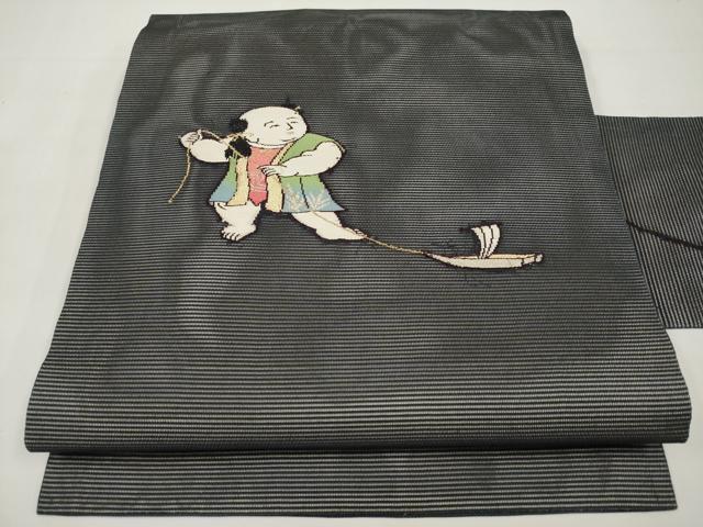 平和屋着物＊夏物　九寸名古屋帯　唐子　黒地　金糸　正絹　逸品　CABK1826tx