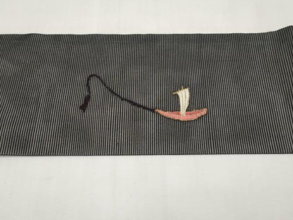 平和屋着物＊夏物　九寸名古屋帯　唐子　黒地　金糸　正絹　逸品　CABK1826tx