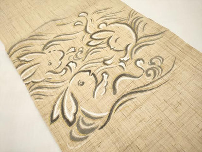 平和屋着物＊夏物　八寸名古屋帯　手描き　兎　金彩　麻　逸品　CABK1830tx