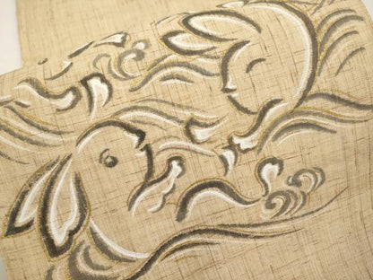 平和屋着物＊夏物　八寸名古屋帯　手描き　兎　金彩　麻　逸品　CABK1830tx