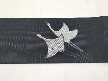 平和屋着物＊夏物　九寸名古屋帯　鹿の子飛鶴文　濃紺地　正絹　逸品　CABK1833tx